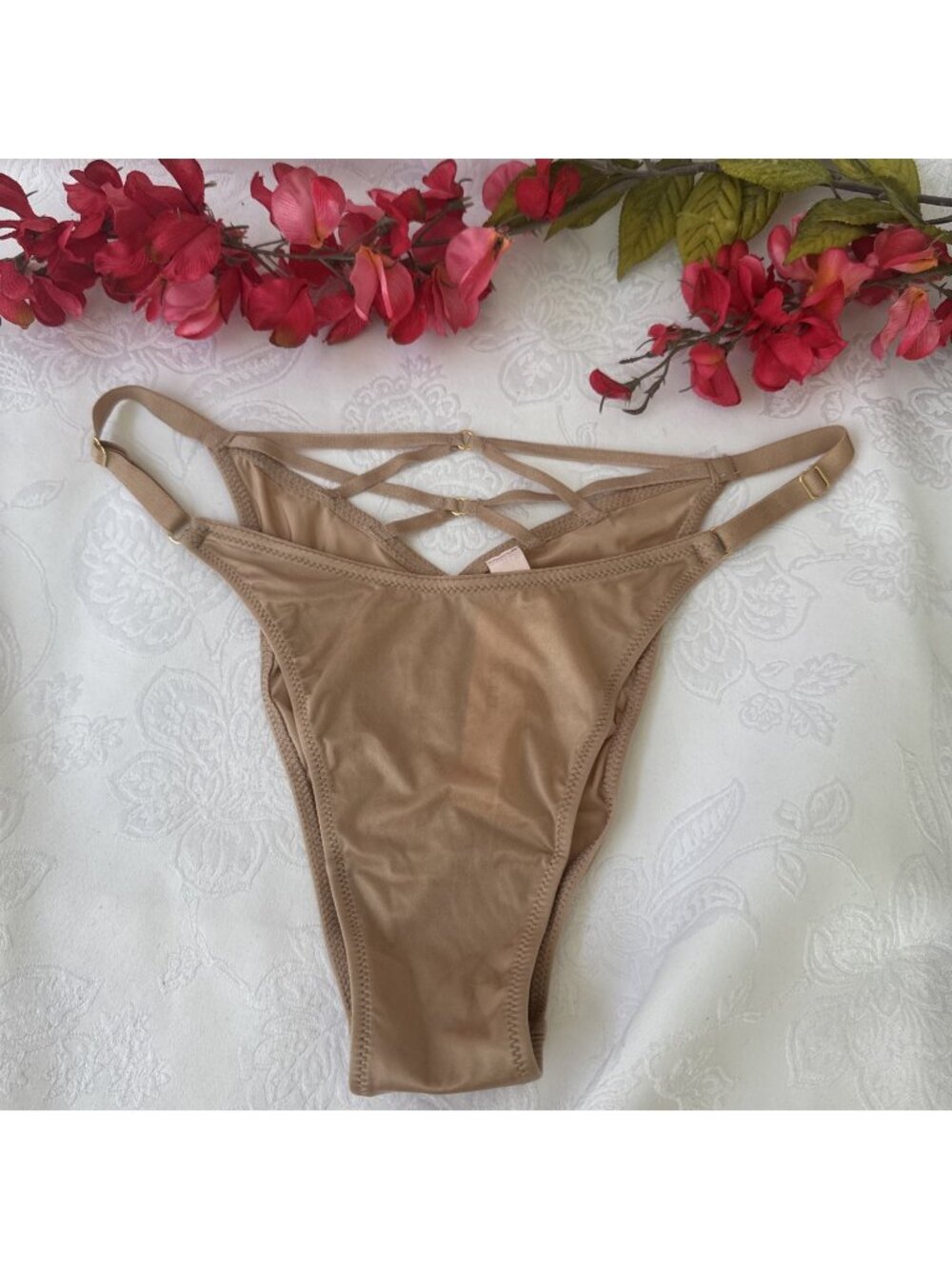 VICTORIA'S SECRET M NUDE TAN SILKY STRAPPY CUT OUT CHARM BRAZILIAN PANTIES NWT